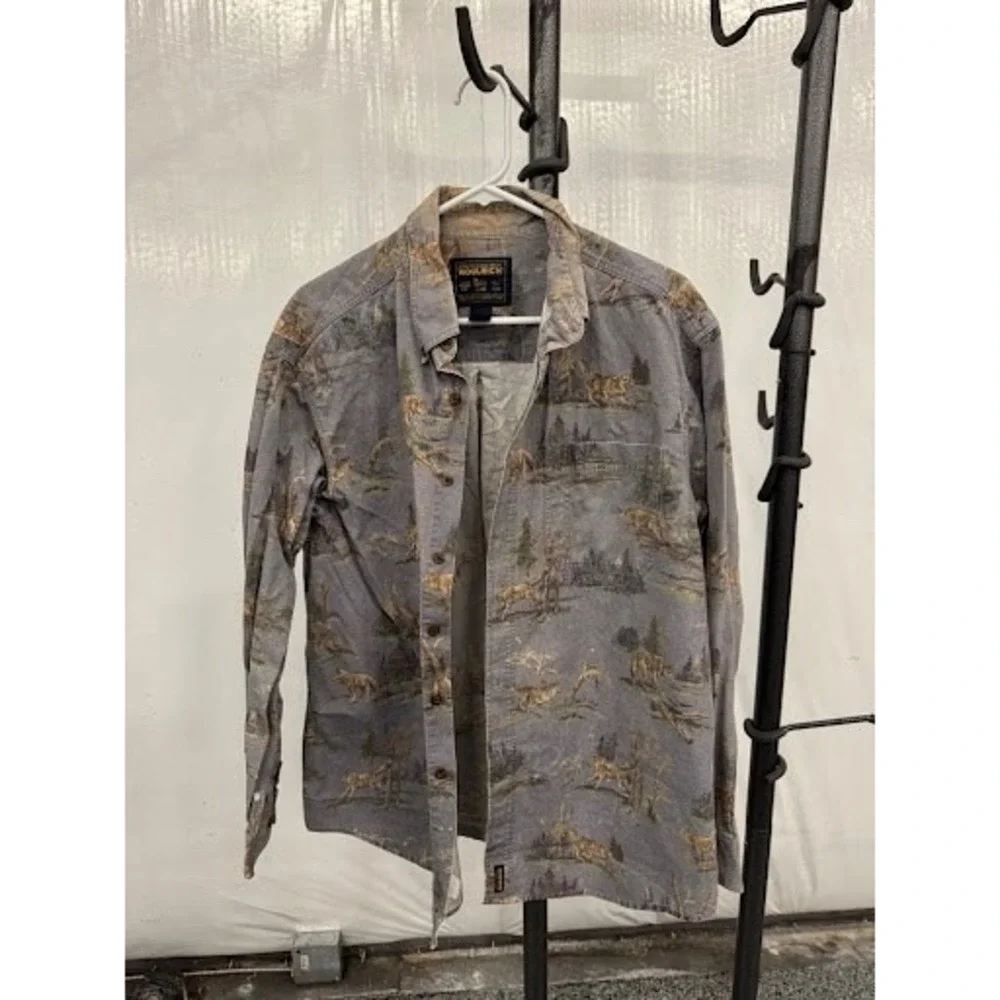 Vintage Woolrich Wolf Nature Print Flannel Shirt Grey Mens Large Made in USA